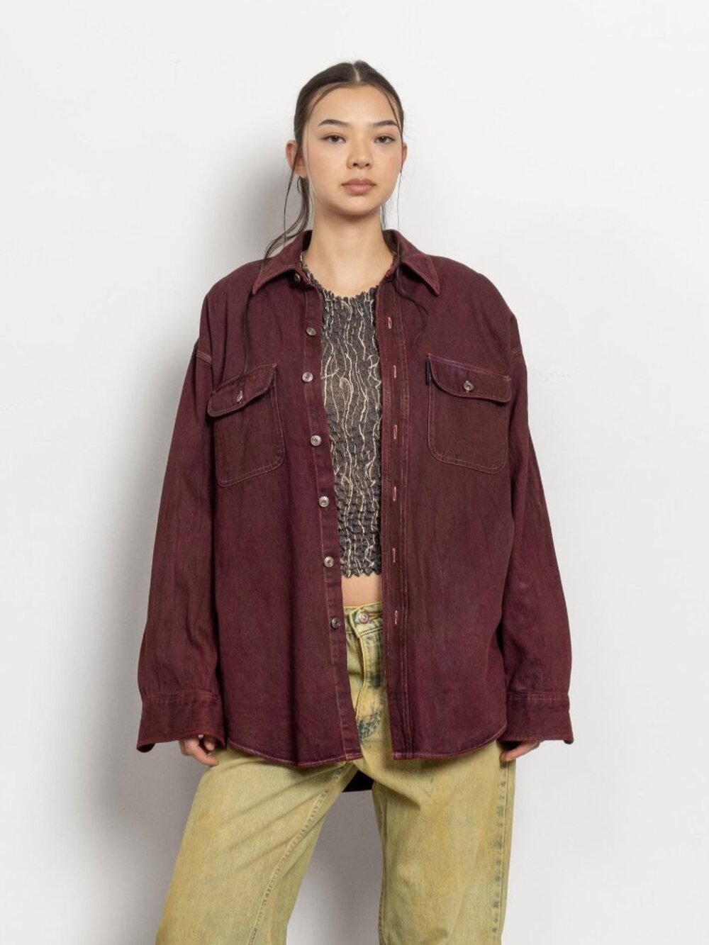 Vintage Denim Shirt Baggy Burgundy Chaps Ralph Lauren / Large